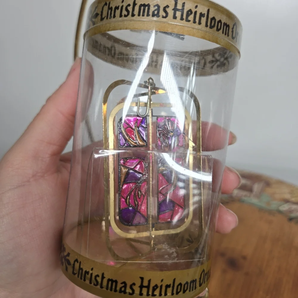 VTG Christmas Heirloom Ornament 24kt Gold Plated Cross Pink Purple Stained Glass